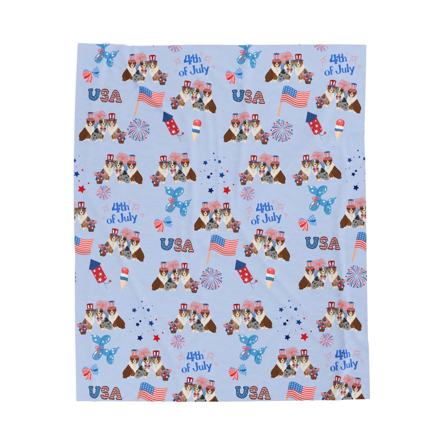 Australian Shepherd Dog 4th of July Velveteen Plush Blanket. Holiday Blanket. USA
