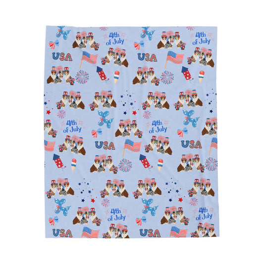 Australian Shepherd Dog 4th of July Velveteen Plush Blanket. Holiday Blanket. USA
