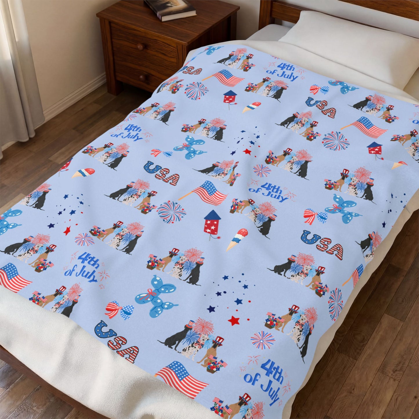 Great Dane Dog 4th of July Velveteen Plush Blanket. Holiday Blanket. USA