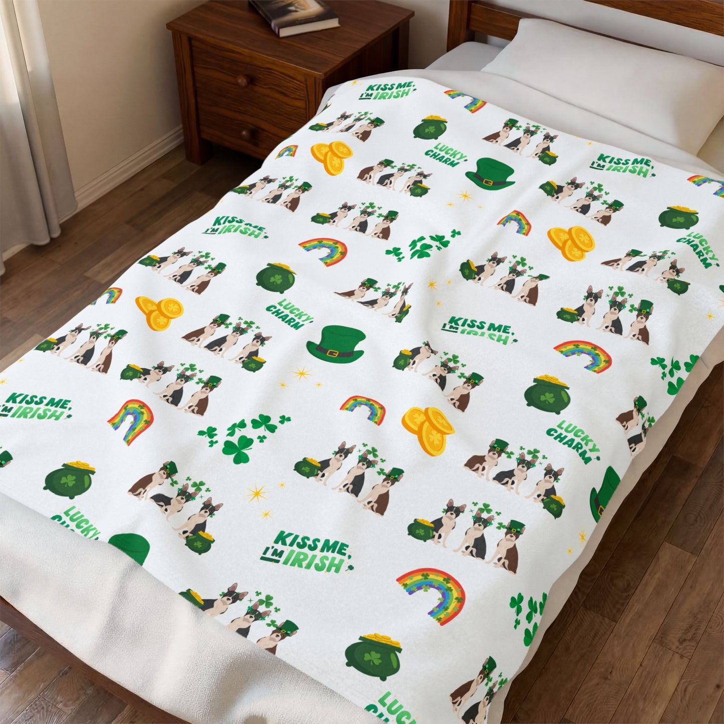 Boston Terrier Dog St Patrick’s Day Velveteen Plush Blanket