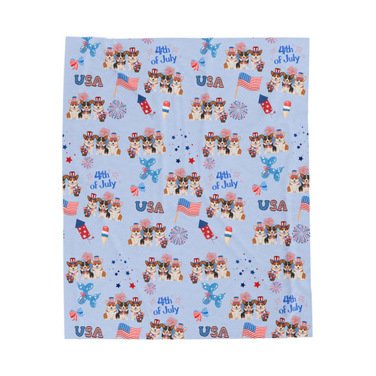 Pembroke Welsh Corgi Dog 4th of July Velveteen Plush Blanket. Holiday Blanket. USA