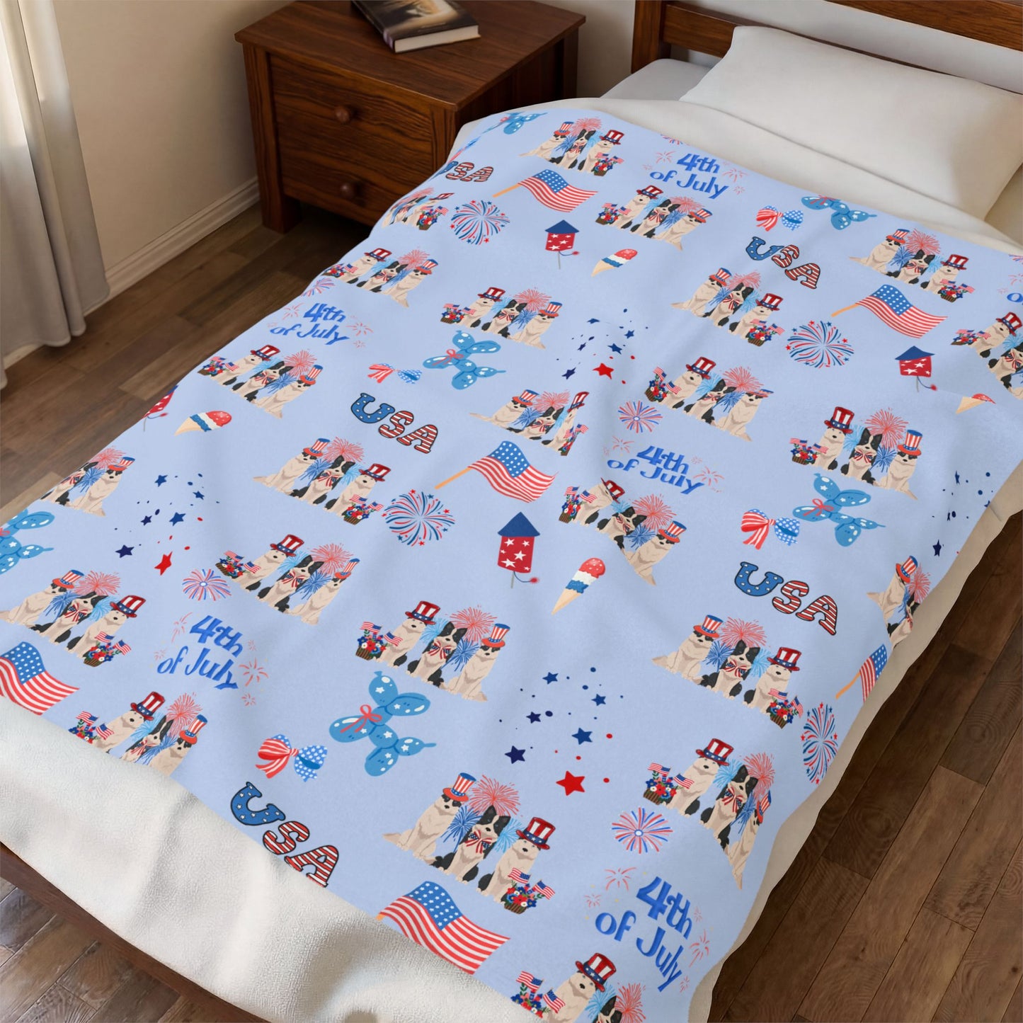 Yakutian Laika Dog 4th of July Velveteen Plush Blanket. Holiday Blanket. USA