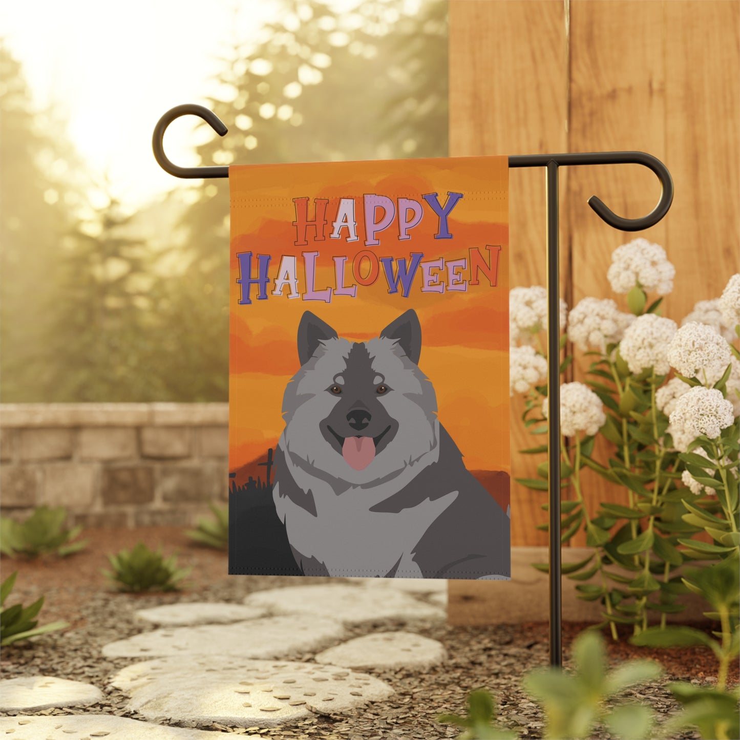 Keeshound Dog Halloween Garden Flag