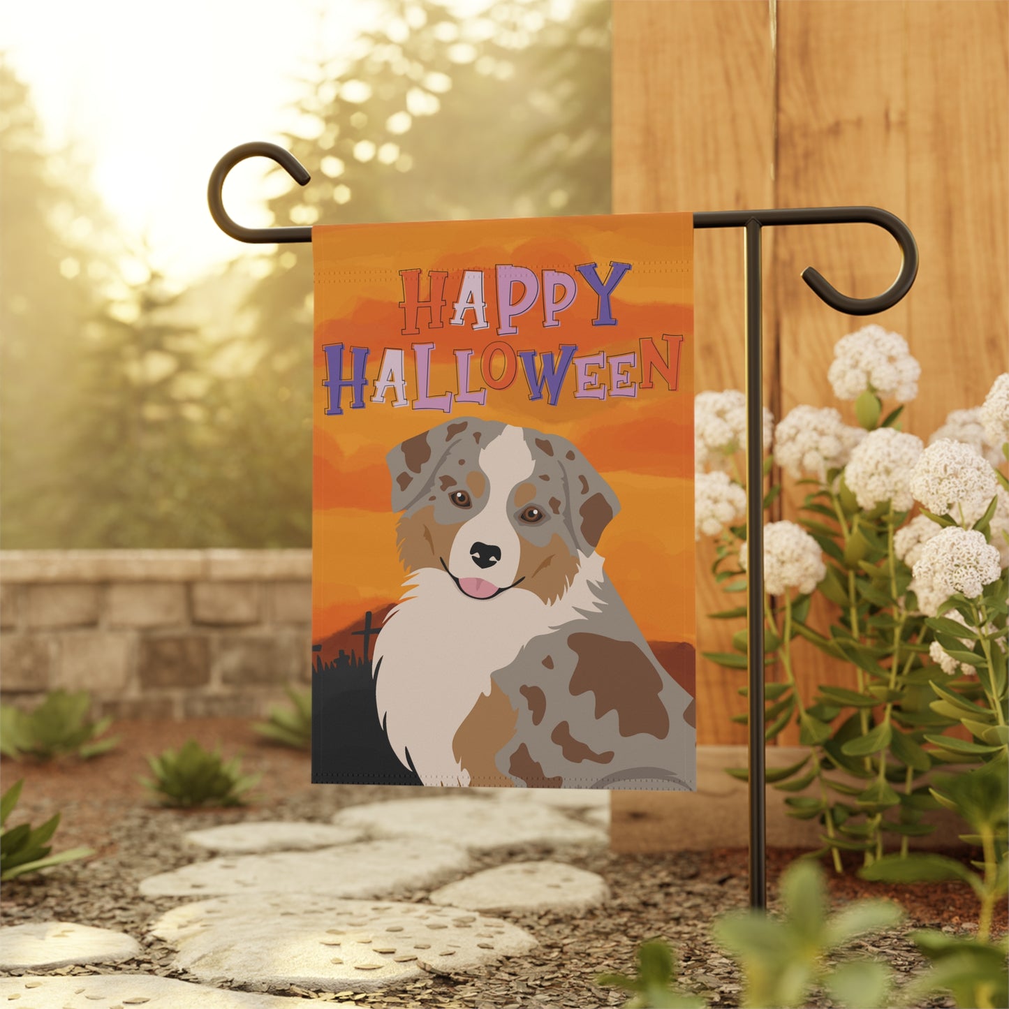 Miniature American Shepherd Dog Halloween Garden Flag