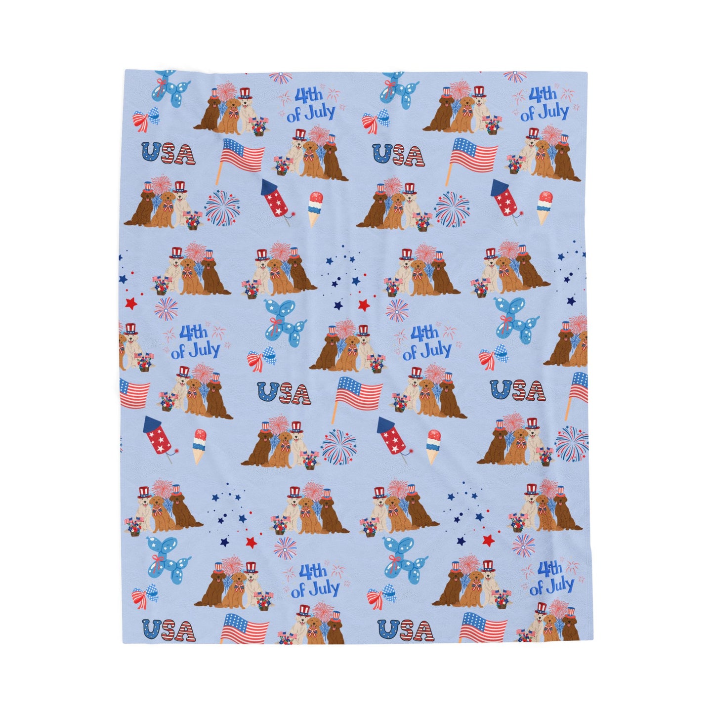 Golden Retriever Dog 4th of July Velveteen Plush Blanket. Holiday Blanket. USA