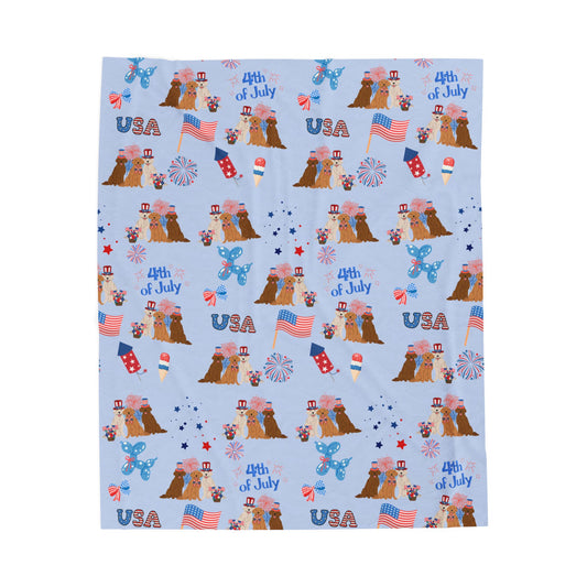 Golden Retriever Dog 4th of July Velveteen Plush Blanket. Holiday Blanket. USA