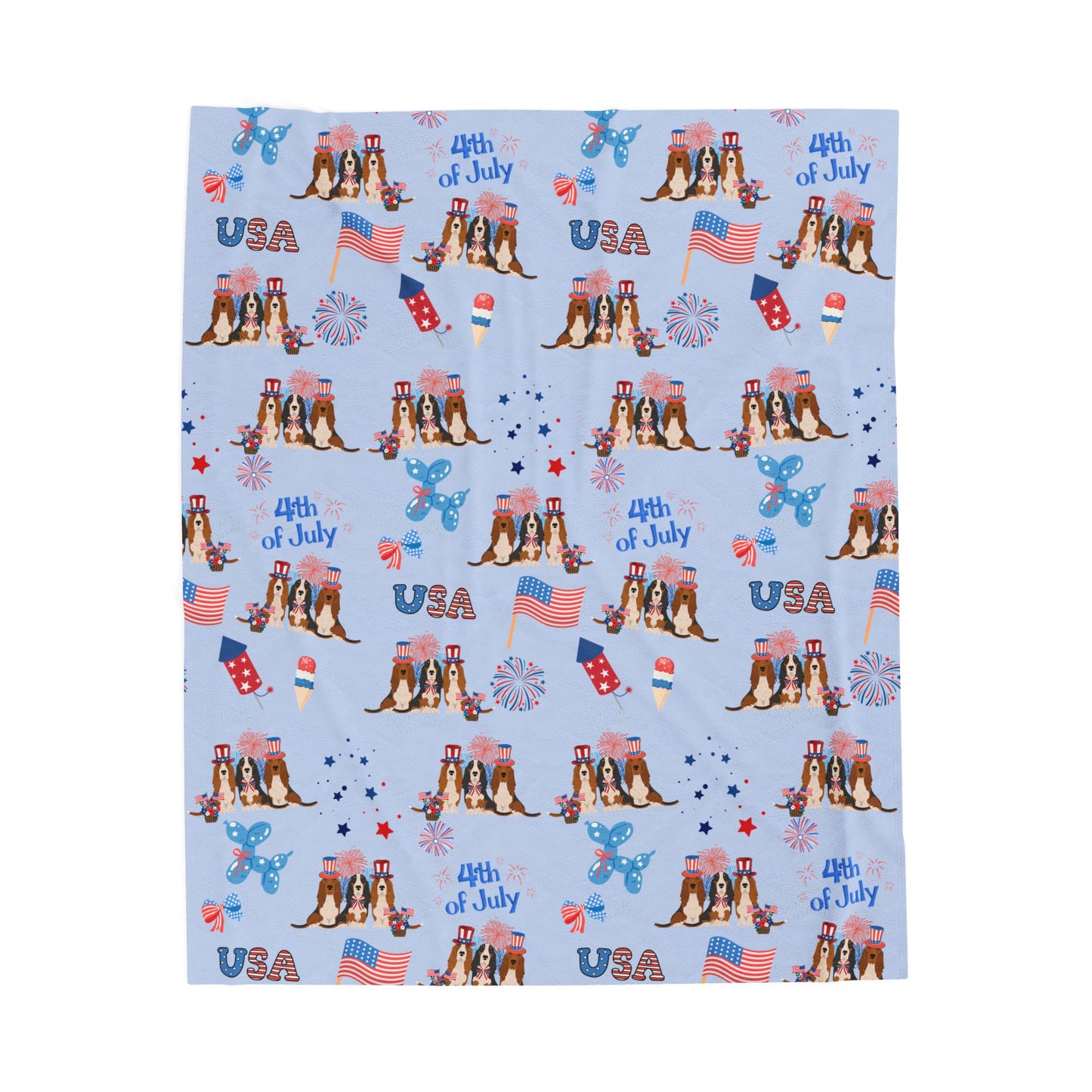 Basset Hound Dog 4th of July Velveteen Plush Blanket. Holiday Blanket. USA