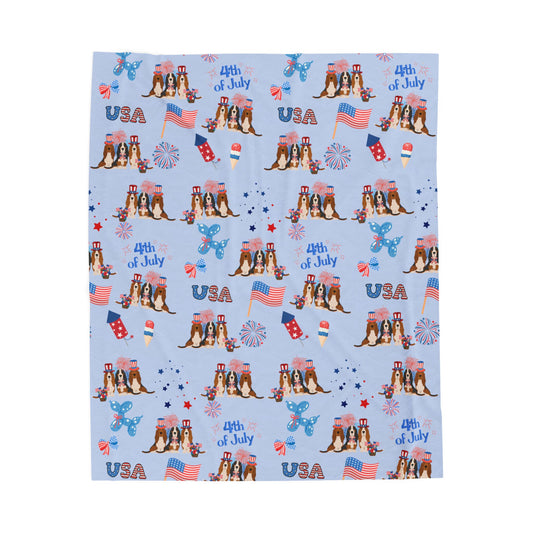 Basset Hound Dog 4th of July Velveteen Plush Blanket. Holiday Blanket. USA