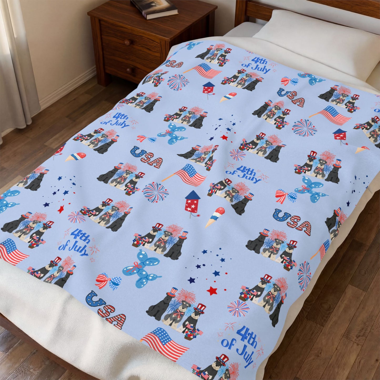 Schnauzer Dog 4th of July Velveteen Plush Blanket. Holiday Blanket. USA