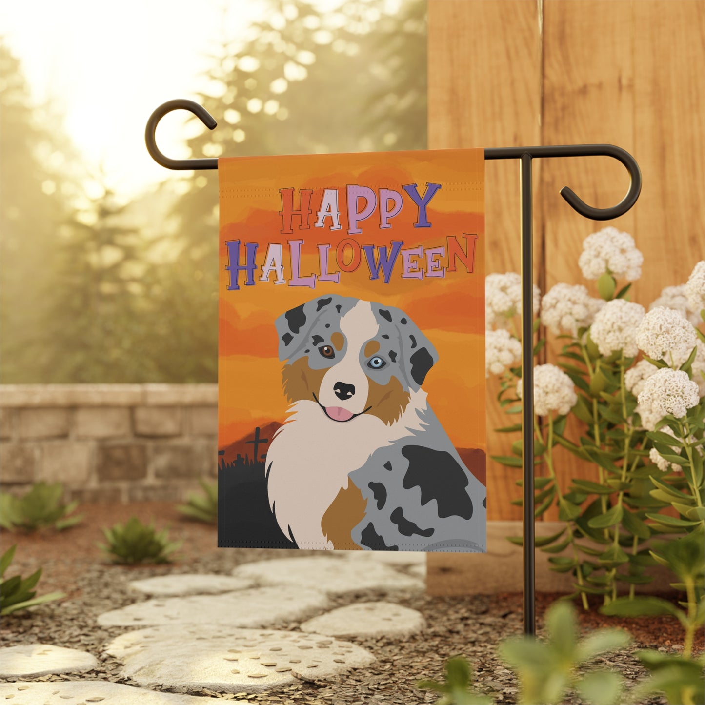 Miniature American Shepherd Dog Halloween Garden Flag