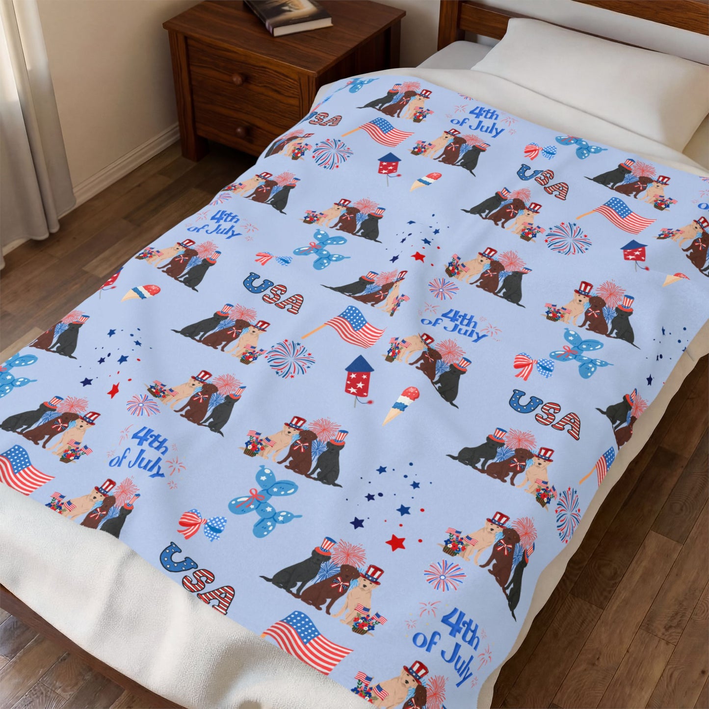 Labrador Retriever Dog 4th of July Velveteen Plush Blanket. Holiday Blanket. USA