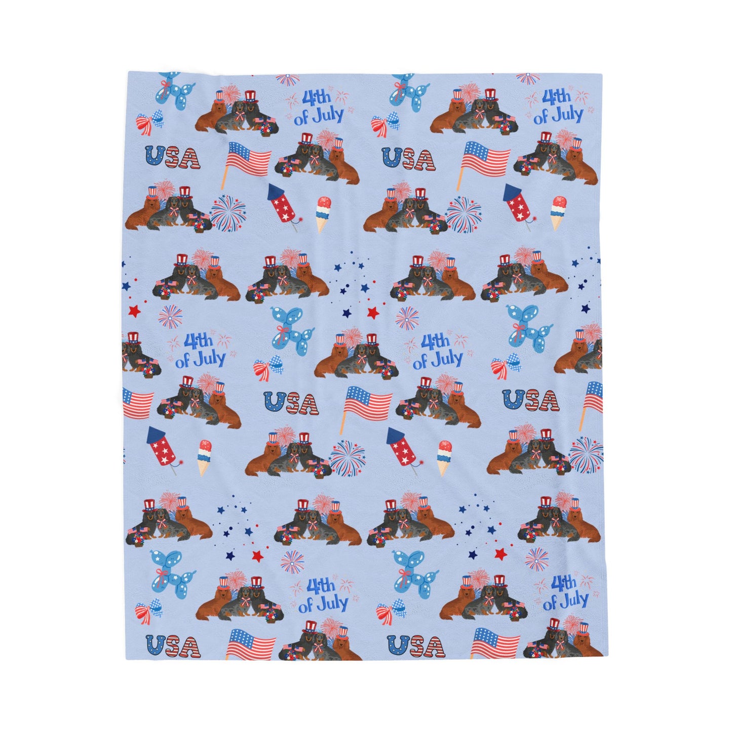 Dachshund Dog 4th of July Velveteen Plush Blanket. Holiday Blanket. USA