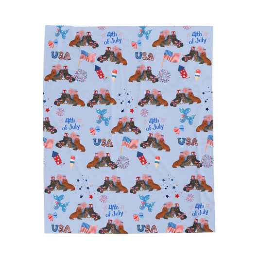 Dachshund Dog 4th of July Velveteen Plush Blanket. Holiday Blanket. USA