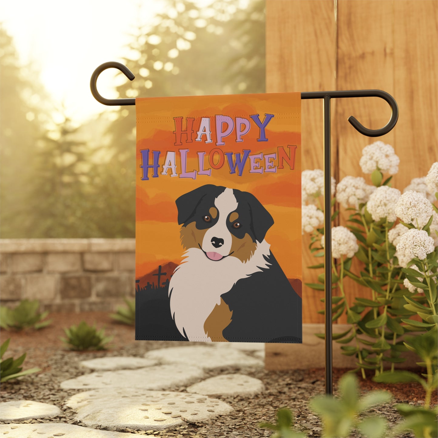 Miniature American Shepherd Dog Halloween Garden Flag