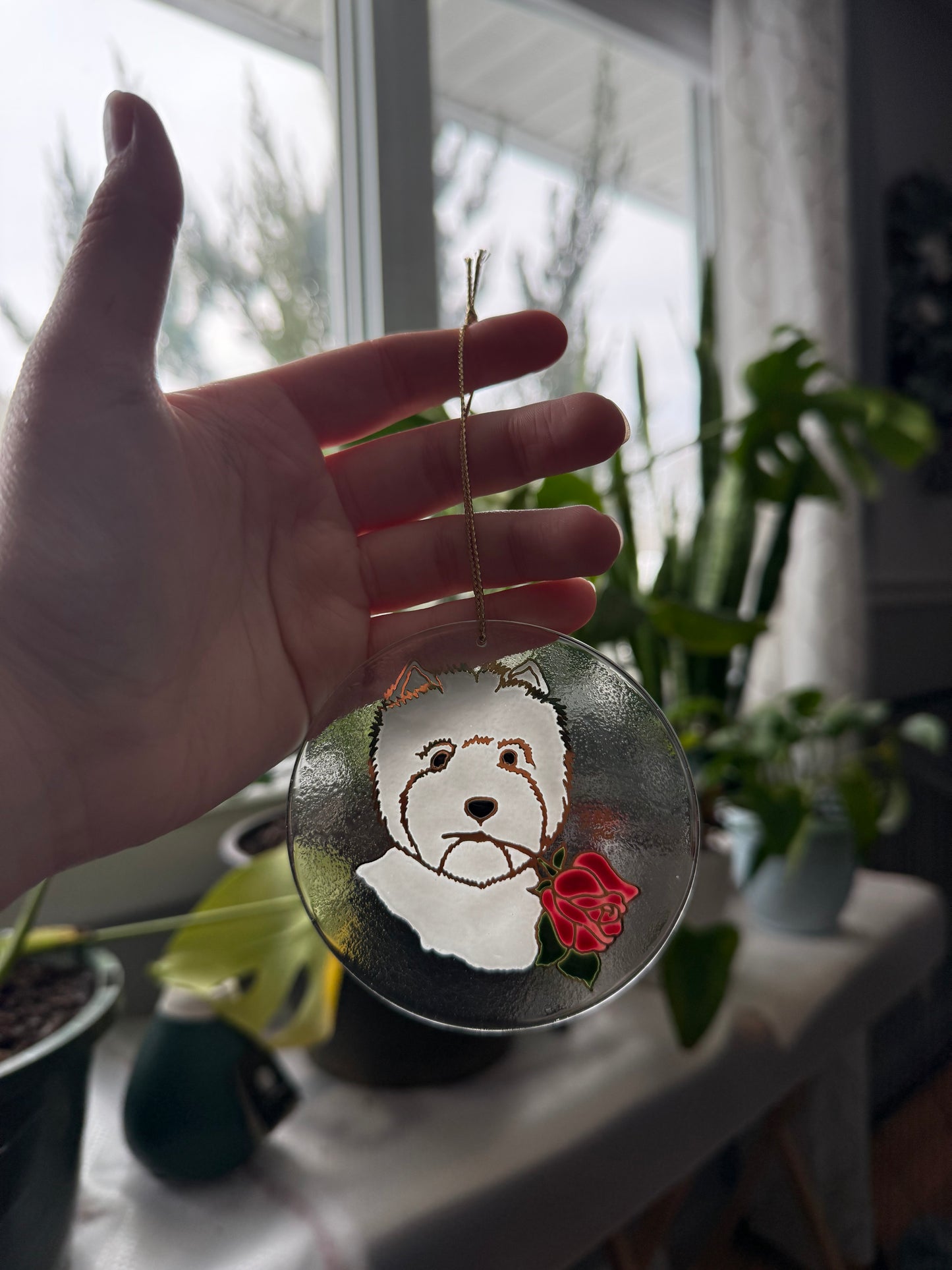 West Highland White Terrier Dog Sun Catcher Ornament Hand Painted with 22k Golde