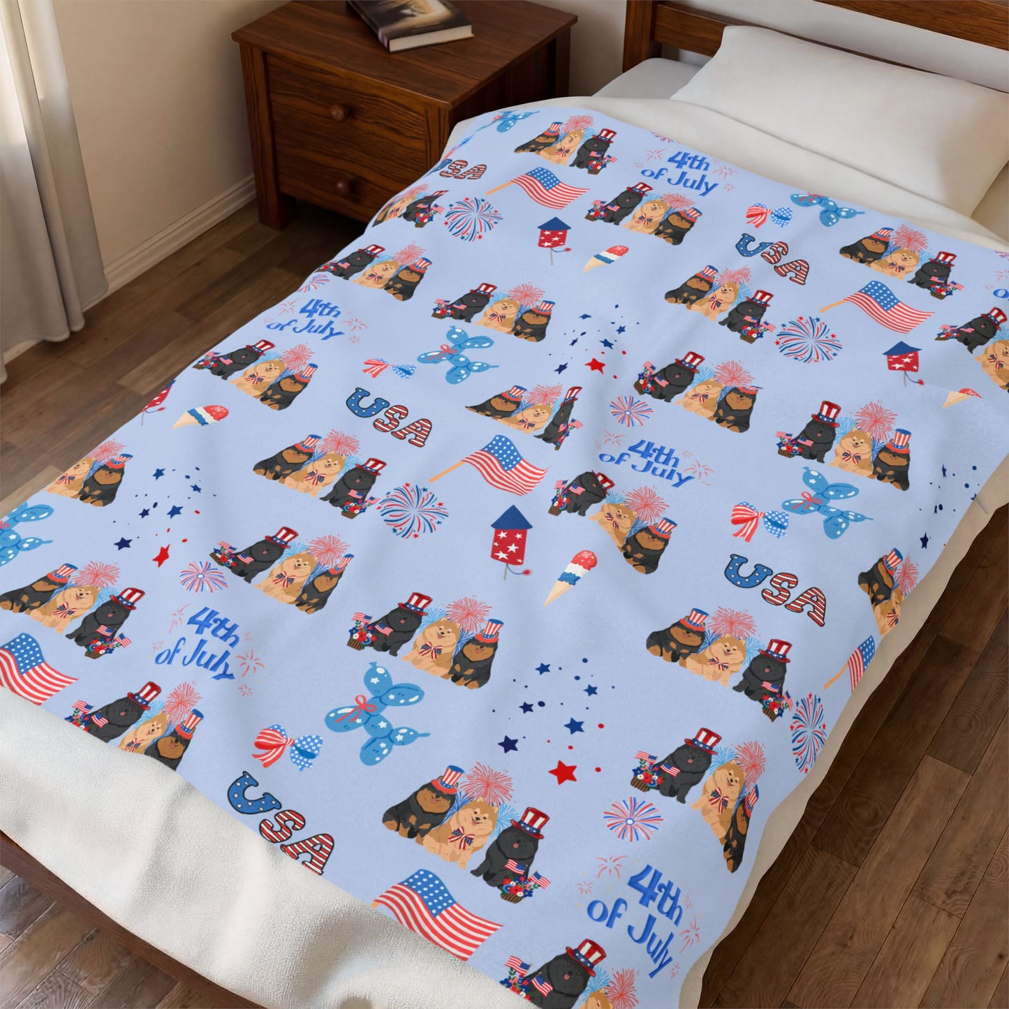 Pomeranian Dog 4th of July Velveteen Plush Blanket. Holiday Blanket. USA