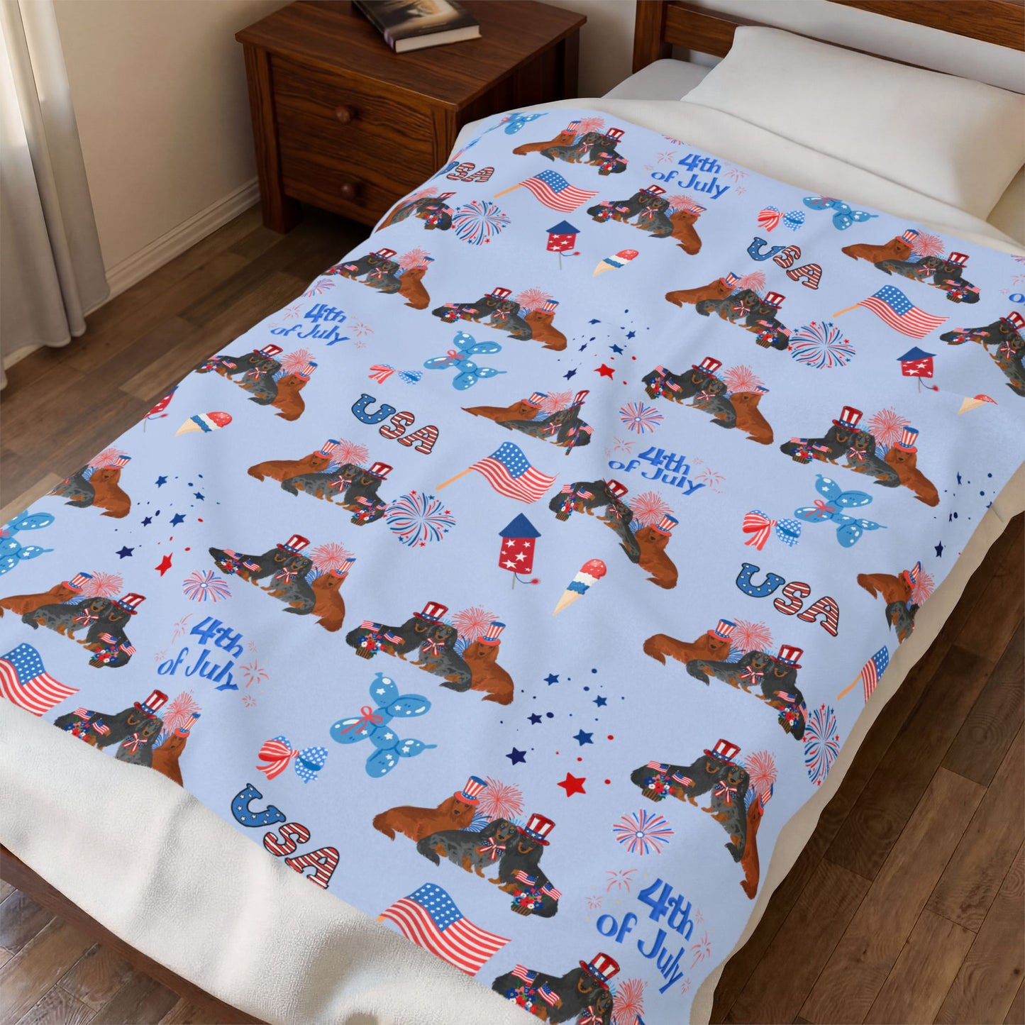 Dachshund Dog 4th of July Velveteen Plush Blanket. Holiday Blanket. USA