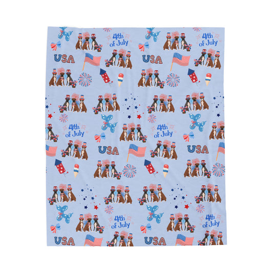 BoxerDog 4th of July Velveteen Plush Blanket. Holiday Blanket. USA
