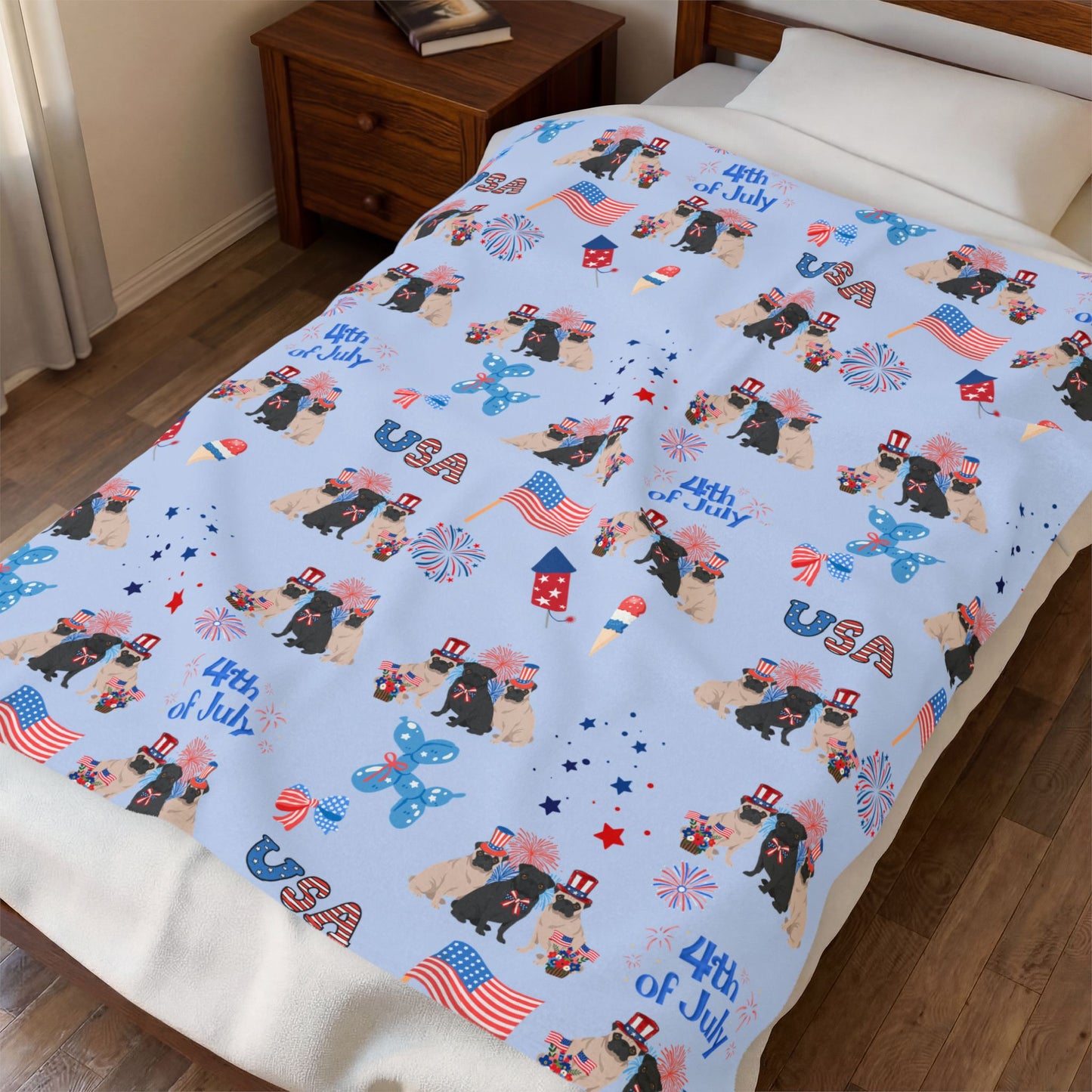 Pug Dog 4th of July Velveteen Plush Blanket. Holiday Blanket. USA