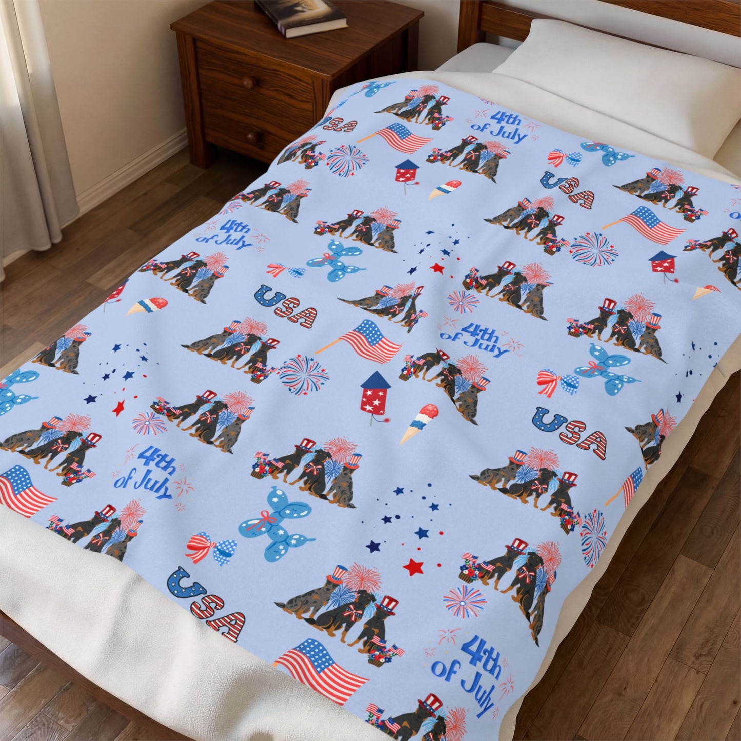 Beauceron Dog 4th of July Velveteen Plush Blanket. Holiday Blanket. USA