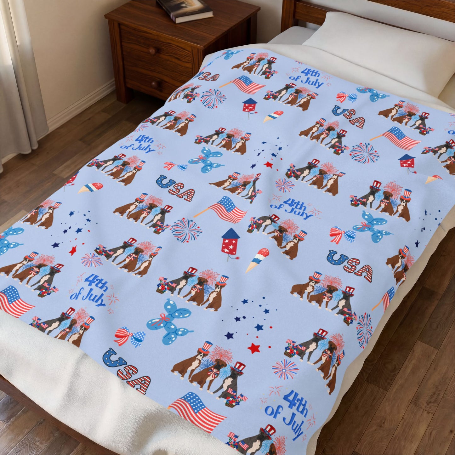 BoxerDog 4th of July Velveteen Plush Blanket. Holiday Blanket. USA