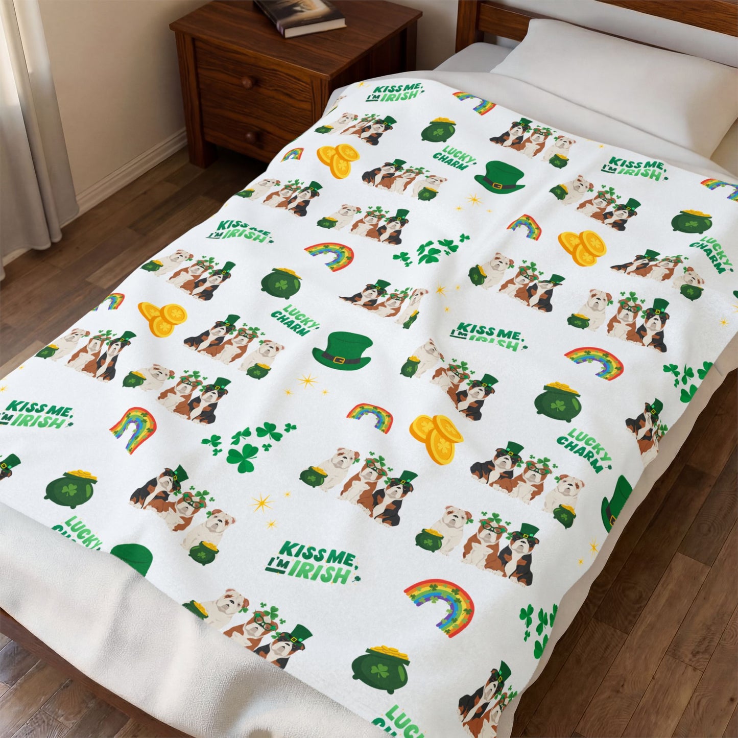 Bulldog Dog St Patrick’s Day Velveteen Plush Blanket