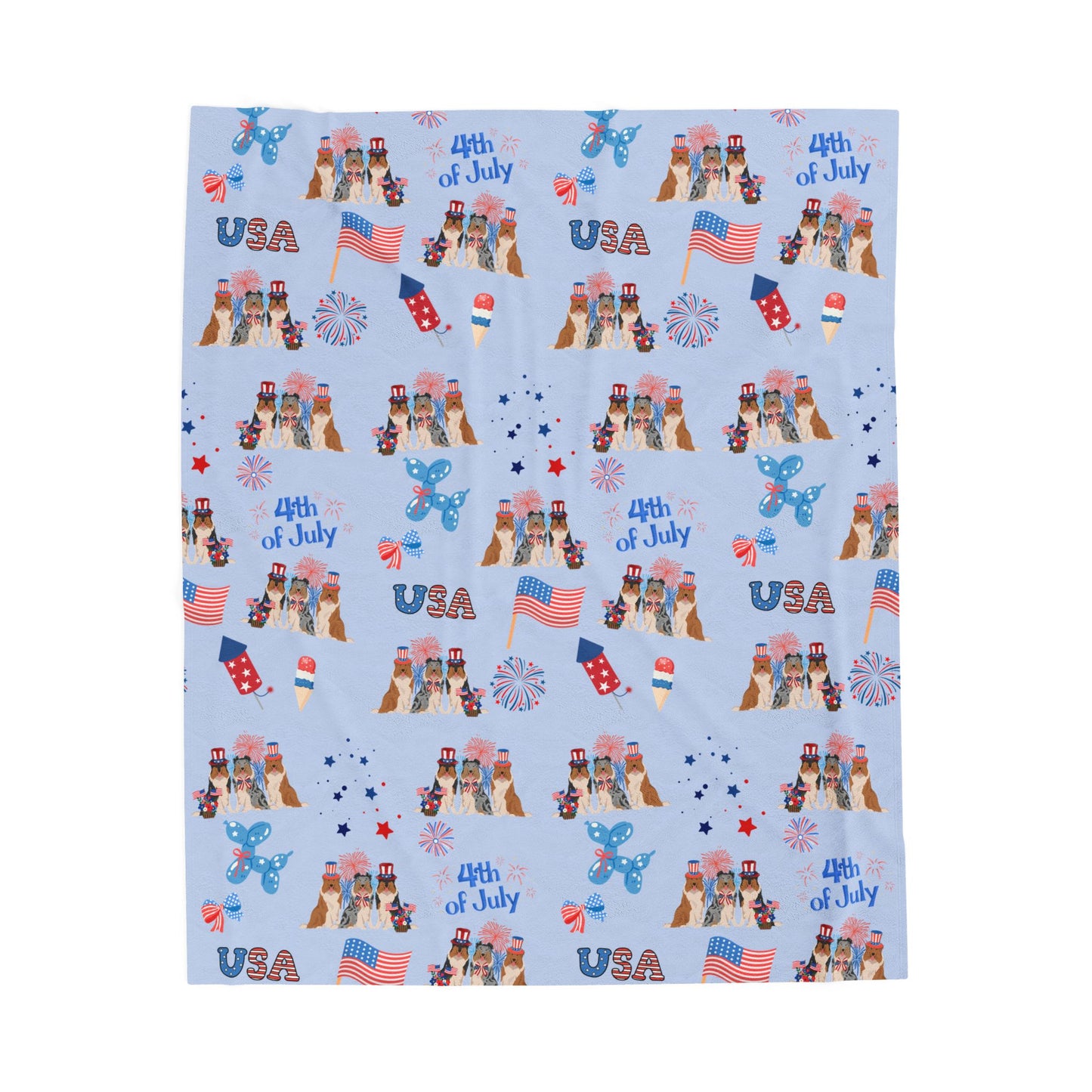 Collie Dog 4th of July Velveteen Plush Blanket. Holiday Blanket. USA