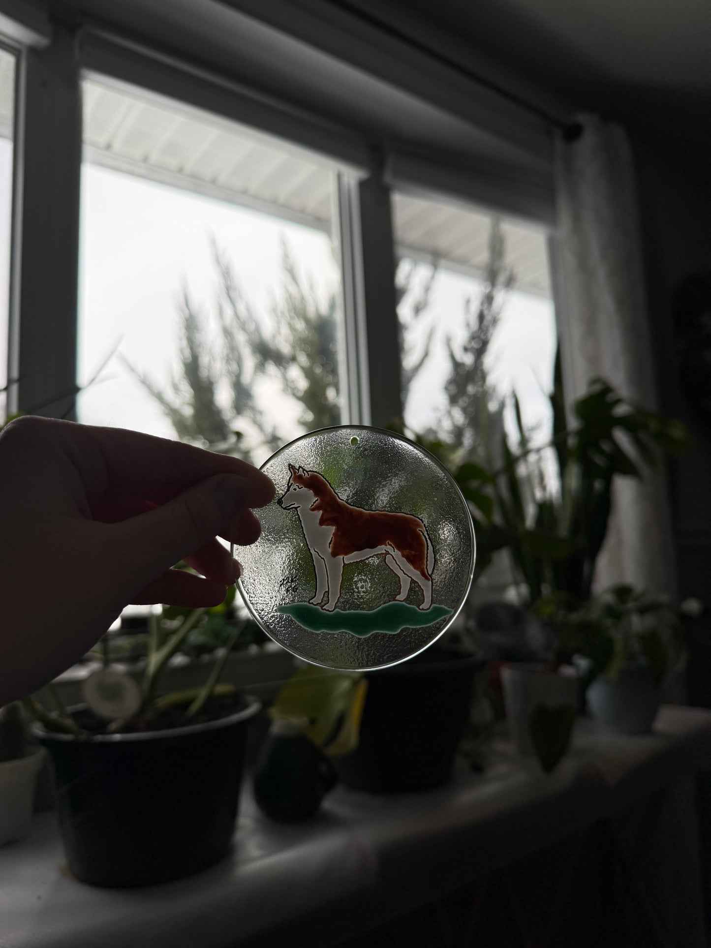 Siberian Husky Dog Sun Catcher Ornament Hand Painted with 22k Gold